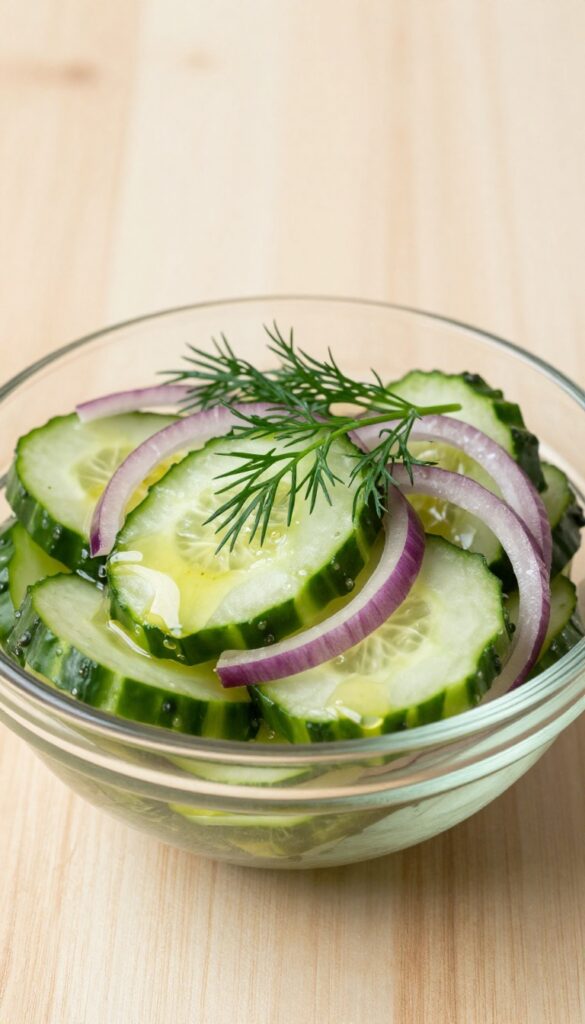 A close-up of a sweet and sour cucumber salad with sliced cucumbers, red onions, and fresh dill in a glass bowl, showcasing a tangy honey-vinegar dressing under bright natural light, perfect for a blog about budget-friendly salads.