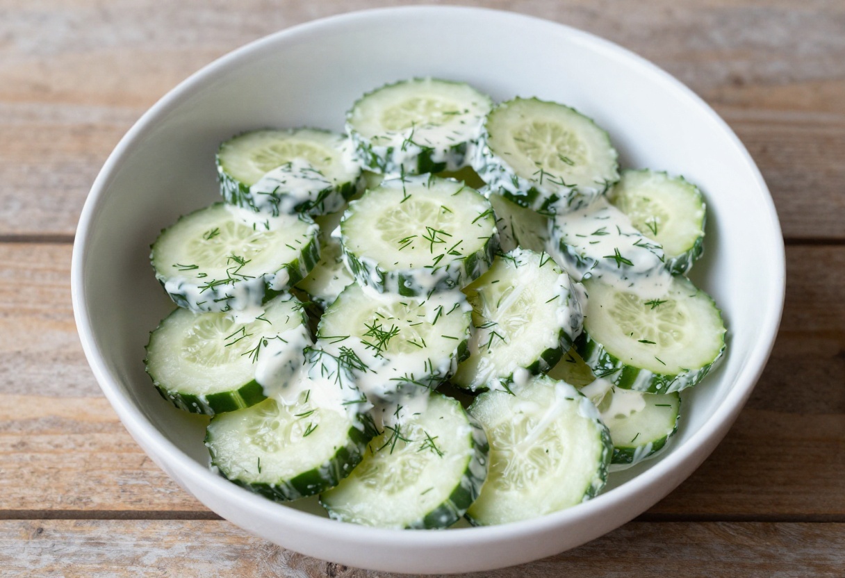 Creamy cucumber salad with tangy dressing in a white bowl