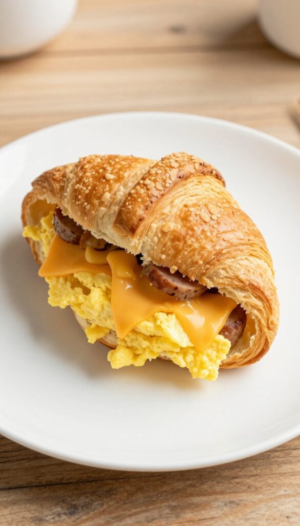 A close-up of a baked crescent roll with sausage, egg, and cheese filling, showcasing its texture and ingredients in natural light