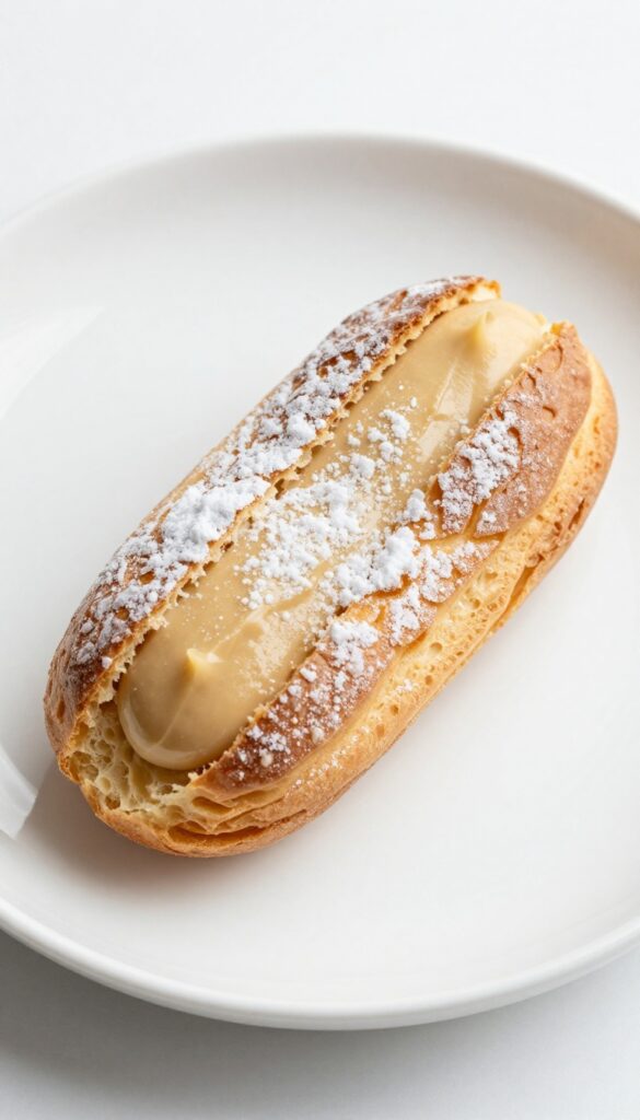 A Paris-Brest dessert, a ring-shaped pastry with praline cream filling and powdered sugar, on a white plate.