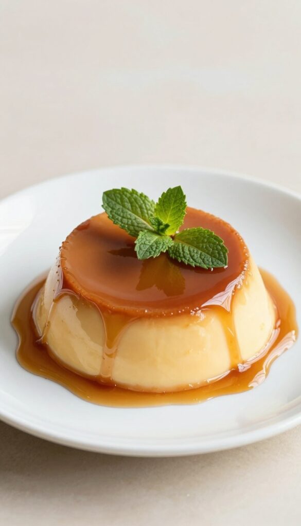 A creamy coconut milk caramel flan with glossy caramel sauce, served on a white plate in natural light, showcasing its soft texture and tropical appeal.