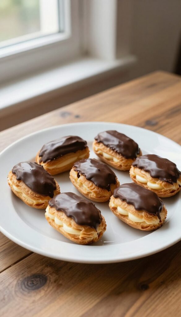 A close-up photo of homemade chocolate éclairs on a white plate, showcasing their glossy topping and creamy filling in natural light, perfect for a dessert recipe blog.
