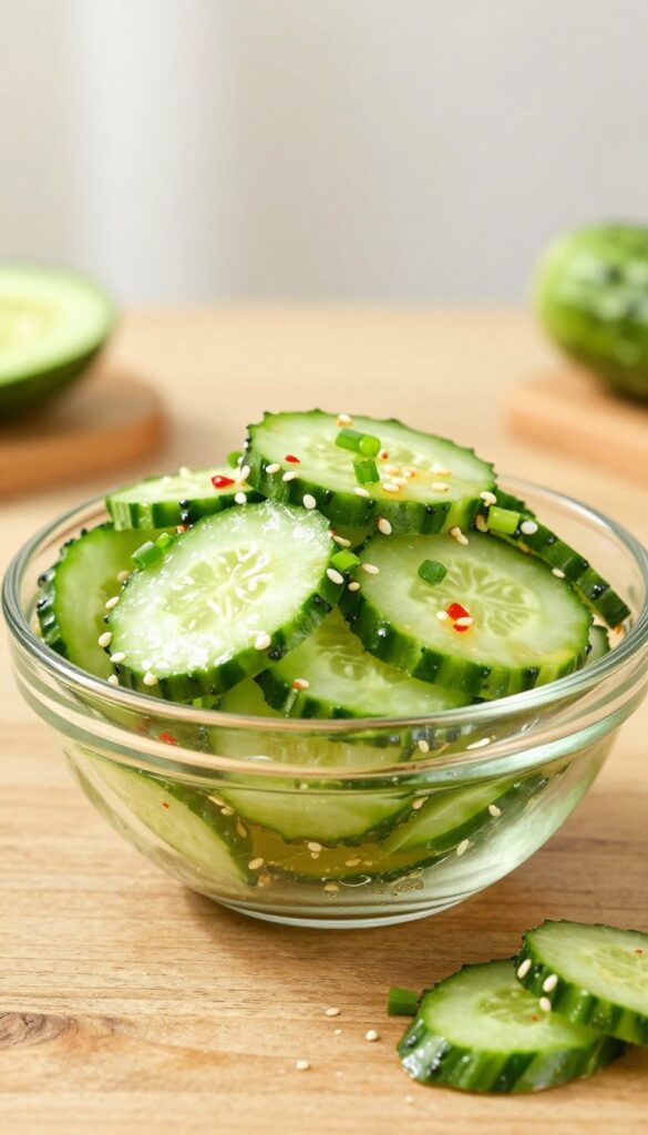 A close-up of a Spicy Asian Cucumber Salad with Sesame, showcasing crisp cucumbers in a chili-sesame dressing with sesame seeds and green onion, ideal for meal prep and summer gatherings.