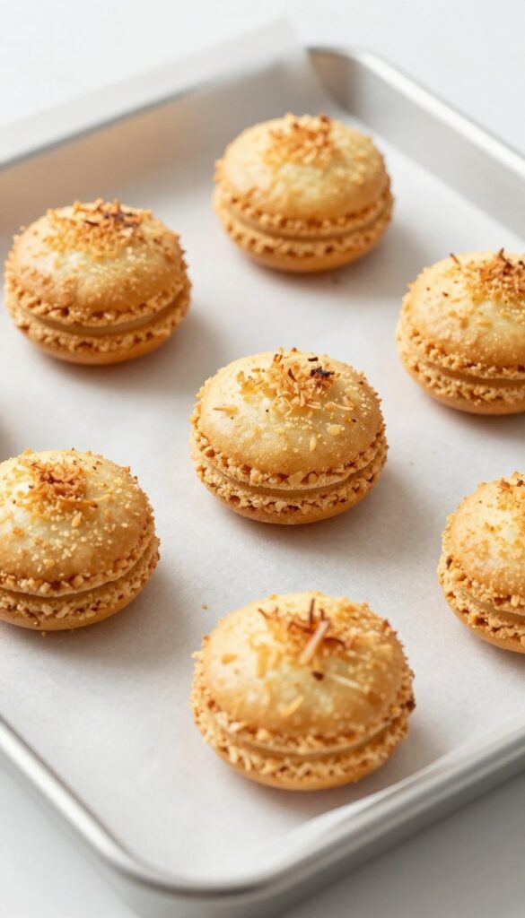 Chewy coconut macaroons with a golden top and toasty coconut texture, baked on parchment paper, perfect for a dessert recipe blog.