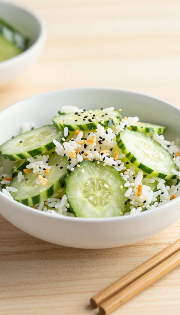 Cucumber salad with crispy rice served with chopsticks on a wooden table
