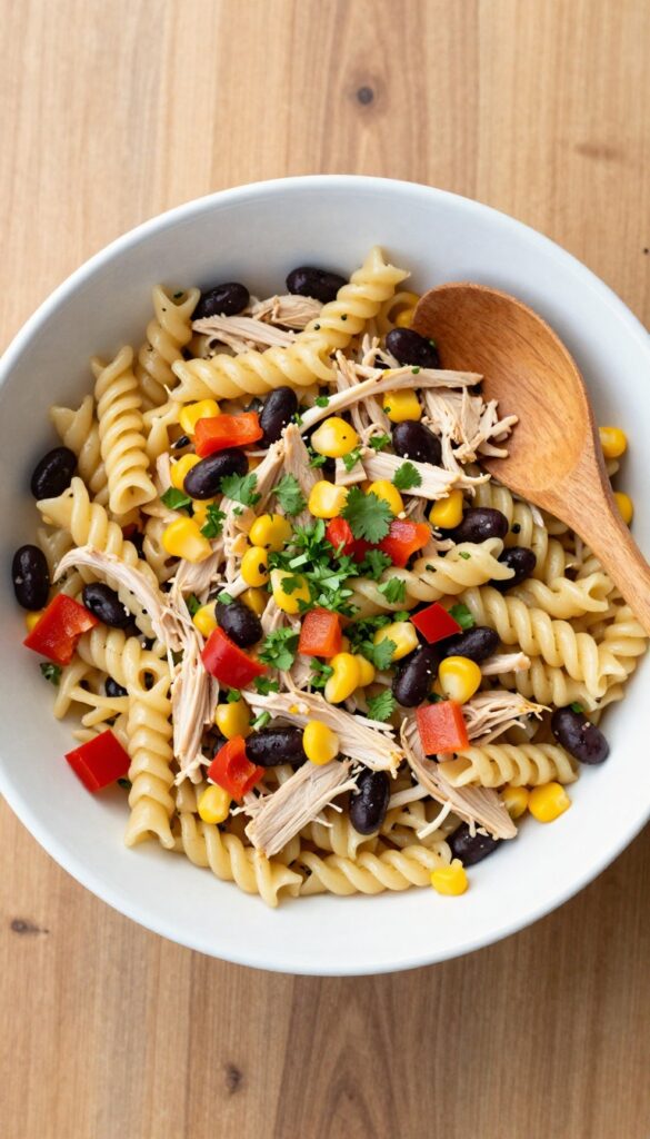 Spicy Southwest chicken pasta salad with corn and black beans in a white bowl on a wooden table.