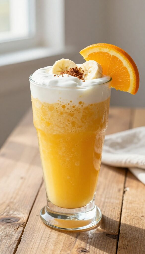 A creamy citrus banana smoothie in a glass with orange garnish, showcasing bright colors and frothy texture in natural light.