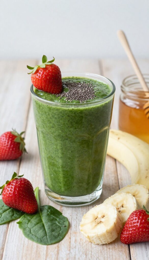 A vibrant green strawberry spinach smoothie in a glass with fresh ingredients on a wooden table, showcasing a budget-friendly and nutritious breakfast option.
