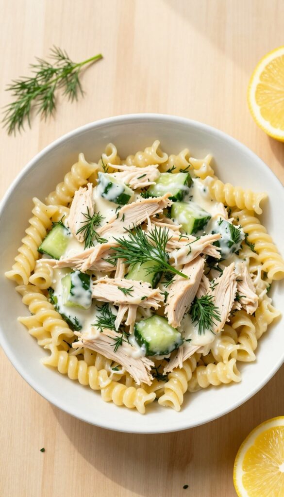 Lemon herb chicken pasta salad in a white bowl on a wooden table with fresh dill and lemon wedge.