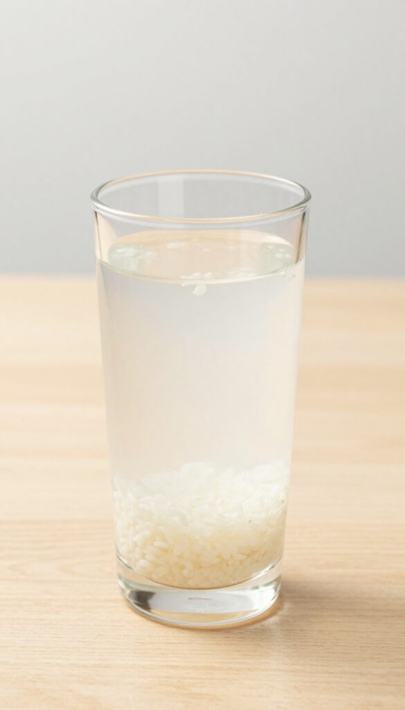 A glass of Sikhye, a Korean sweet rice drink, with floating rice grains, served in natural light on a wooden table, representing a refreshing dessert beverage.