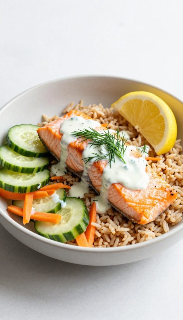 A healthy salmon and brown rice bowl with lemon yogurt sauce, featuring cooked salmon, brown rice, cucumber, carrots, and dill, arranged in a shallow bowl with natural lighting.