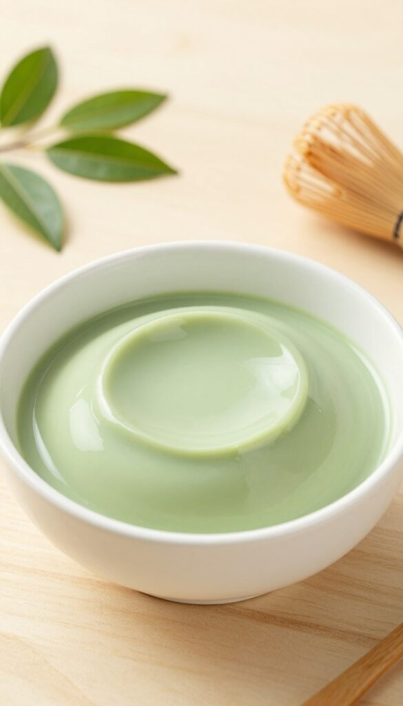 A smooth, pale green matcha tofu pudding in a white bowl on a wooden table, representing a calm and grown-up dessert with a clean, silky texture.