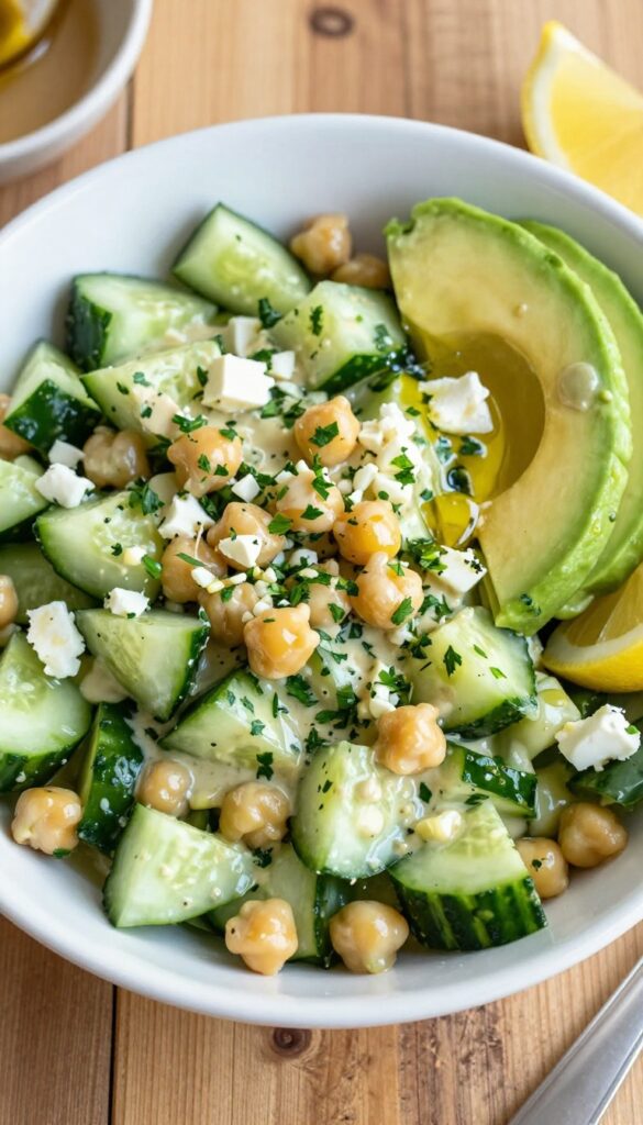 A hearty cucumber and chickpea salad bowl with tahini dressing, fresh parsley, and optional toppings like feta and avocado, served on a rustic table in natural light.