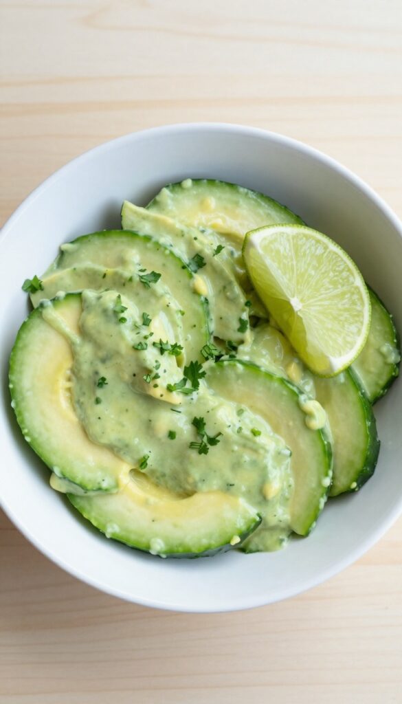Creamy avocado cucumber salad with cilantro lime in a white bowl on a wooden table.