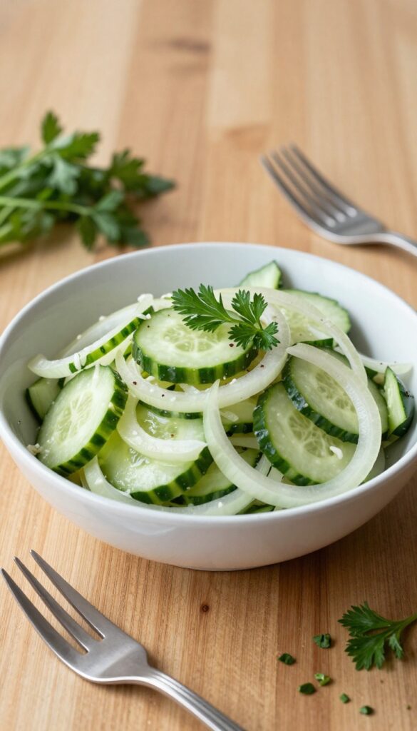 Tangy onion cucumber salad with fresh herbs on a wooden table, side view