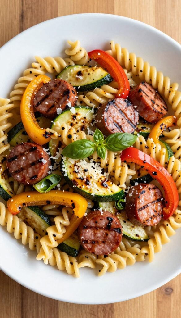 Grilled vegetable and sausage pasta salad in a white bowl with charred zucchini, bell peppers, spicy sausage, Parmesan, and basil.