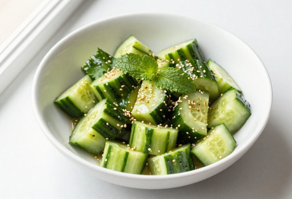 Bowl of crunchy sesame cucumber salad with fresh herbs and toasted sesame seeds
