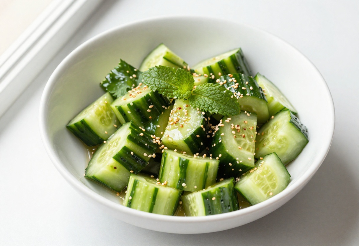 Bowl of crunchy sesame cucumber salad with fresh herbs and toasted sesame seeds