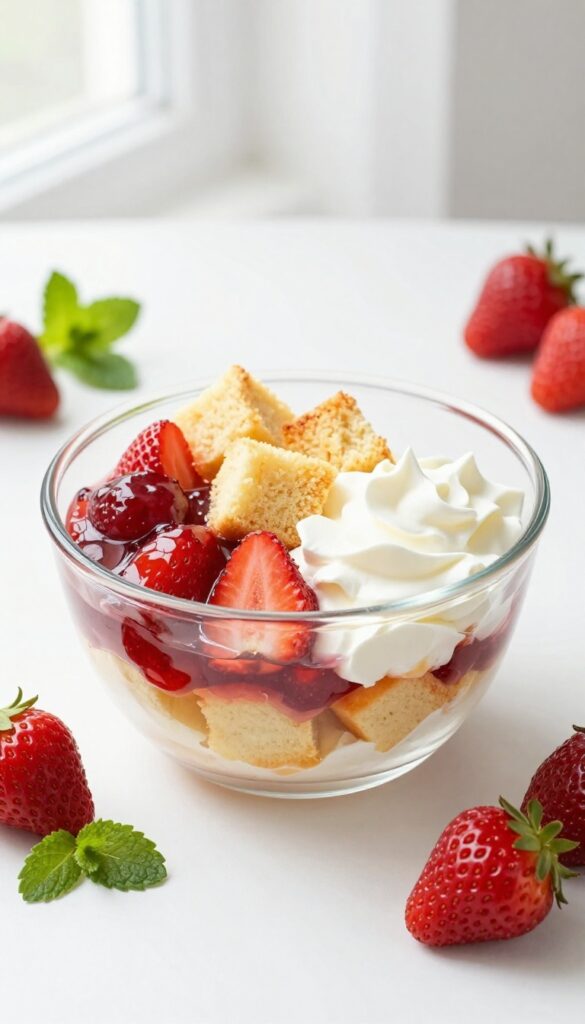 Strawberry shortcake trifle in a clear glass bowl with layers of cake, strawberries, and cream.