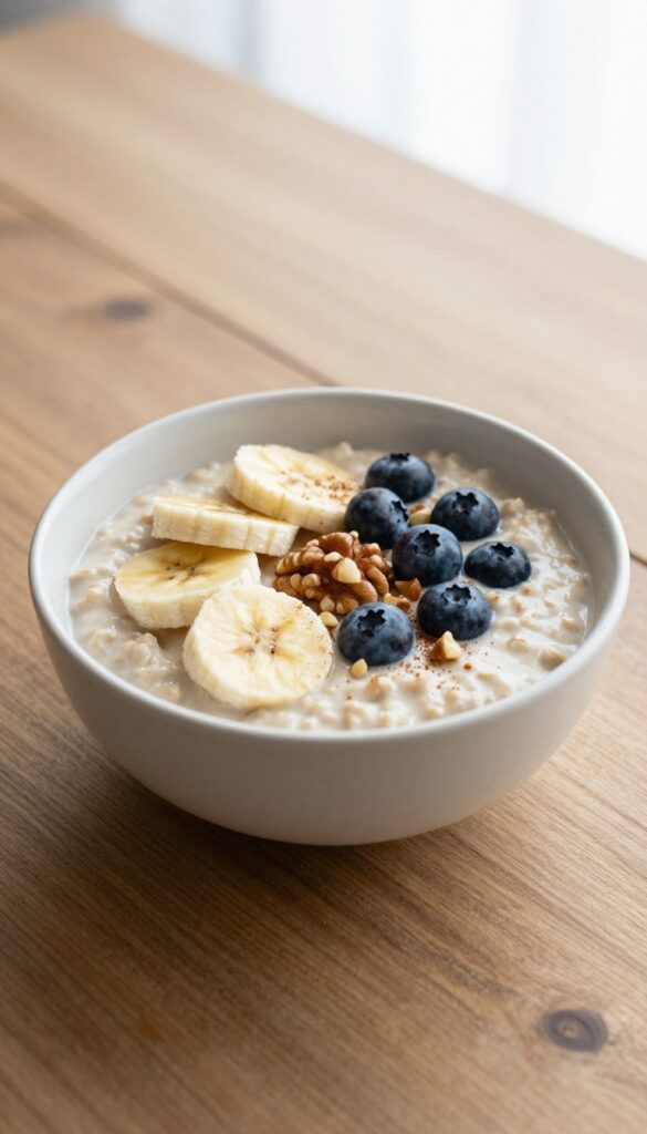 A creamy oatmeal banana breakfast bowl with blueberries and walnuts, served in a wide ceramic bowl on a wooden table, representing a healthy, cholesterol-friendly recipe.