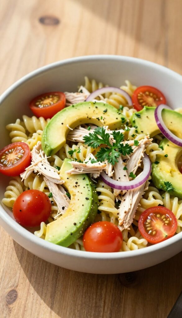 Hearty chicken and avocado pasta salad with rotini, cherry tomatoes, red onion, and parsley in a ceramic bowl on a wooden table.