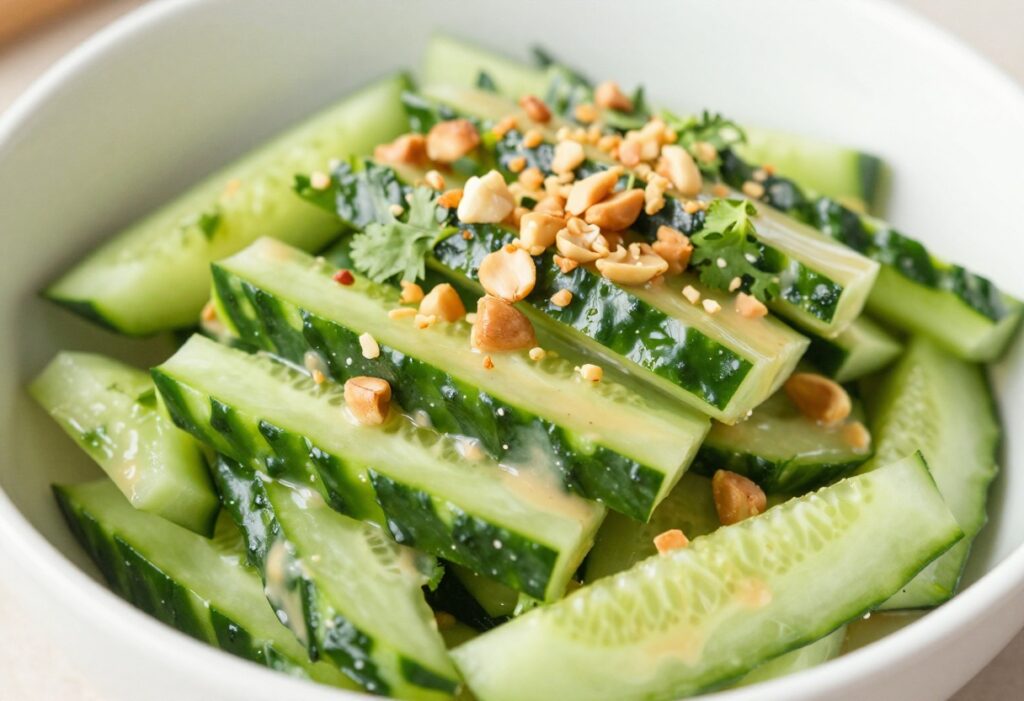 Peanut cucumber salad in a white bowl with crushed peanuts and cilantro garnish