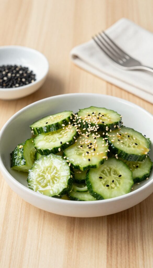 Sesame cucumber salad on a wooden table with fork and napkin