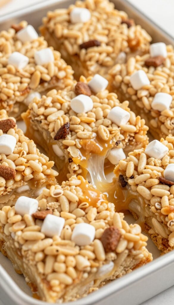 A close-up photo of marshmallow rice krispie brown butter bars, showcasing their soft, chewy texture and golden color from brown butter, with visible whole mini marshmallows in a clean, bright setting.