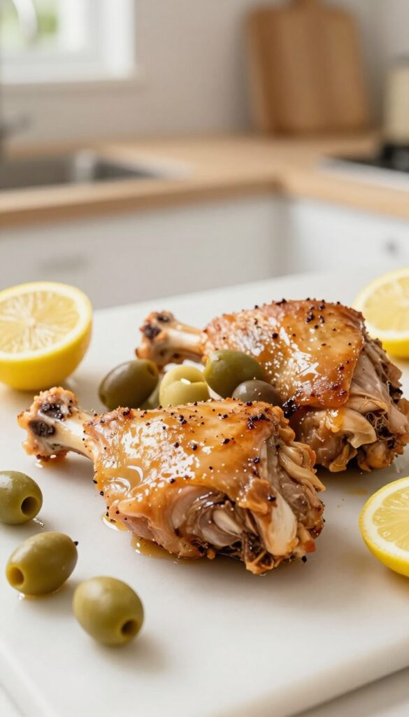 Slow cooker with Mediterranean chicken, olives, and lemon in a sunny kitchen