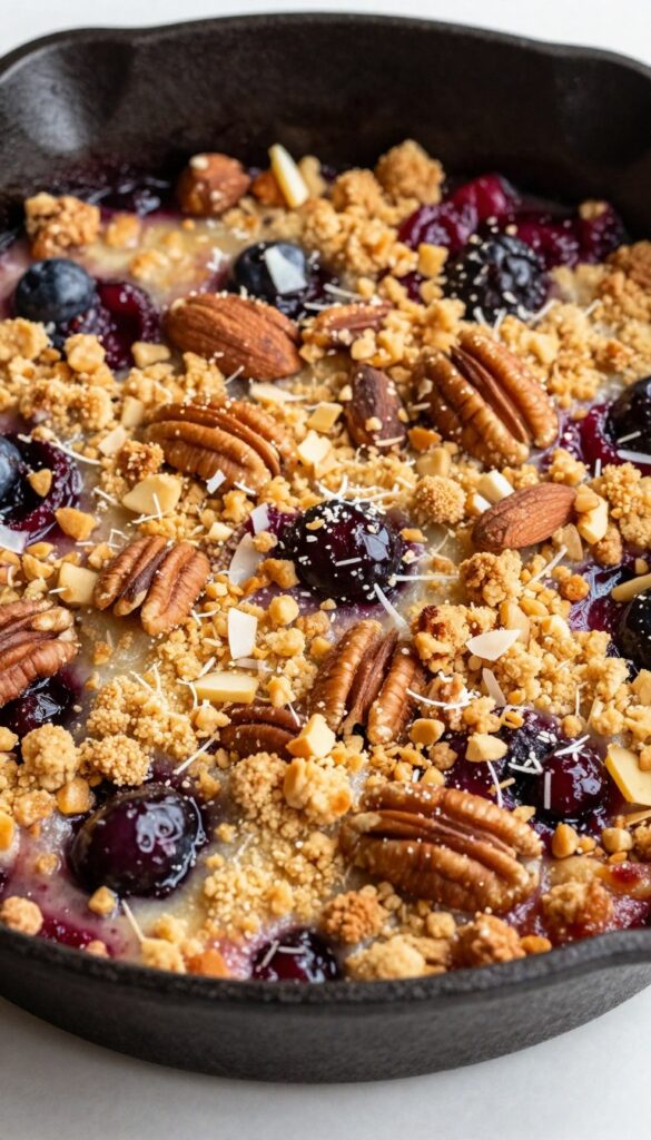 A warm berry skillet crisp with a nutty crumble topping and bubbling mixed berries, served in a cast-iron skillet, showcasing a rustic and juicy dessert in natural light.