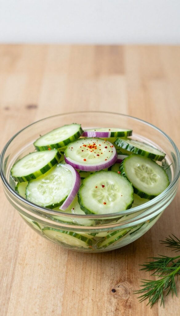 A close-up of a spicy pickled cucumber salad with chili flakes and dill in a glass bowl, showcasing bright, natural lighting and a clean, rustic setting.