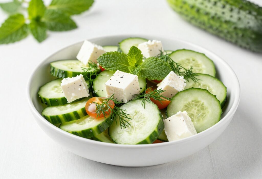 Overhead view of a refreshing cucumber salad with herbs, tomatoes, and feta in a white bowl