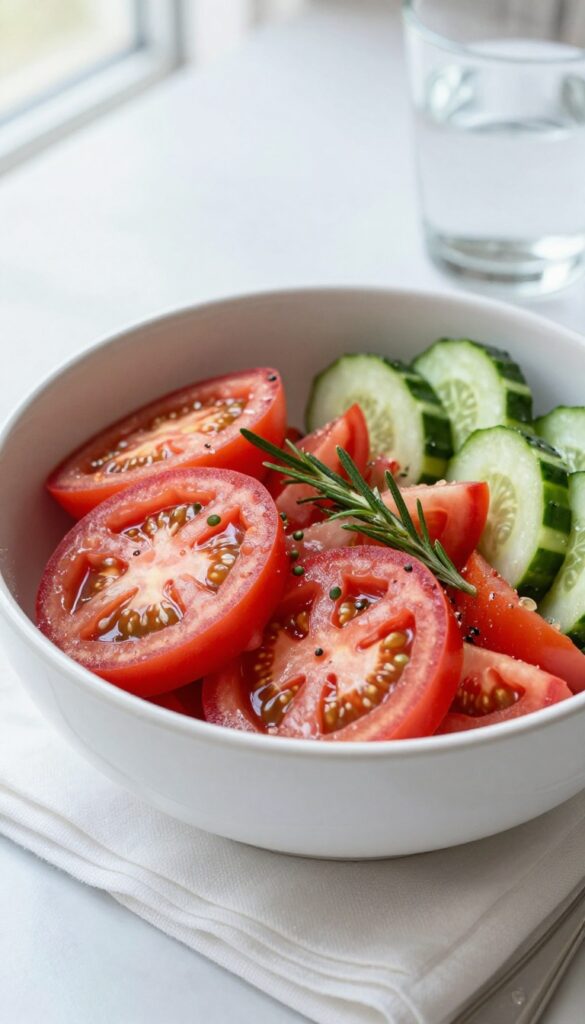 Tomato cucumber salad served in a bowl with fork and water glass.