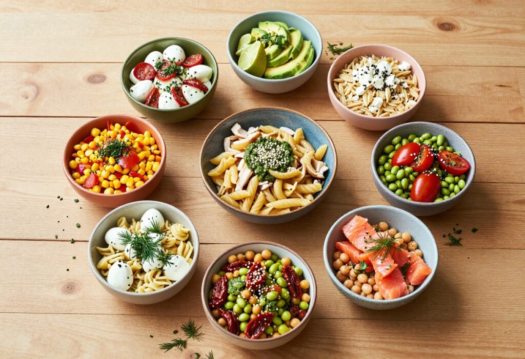 Eight bowls of different cold pasta salads arranged on a wooden table
