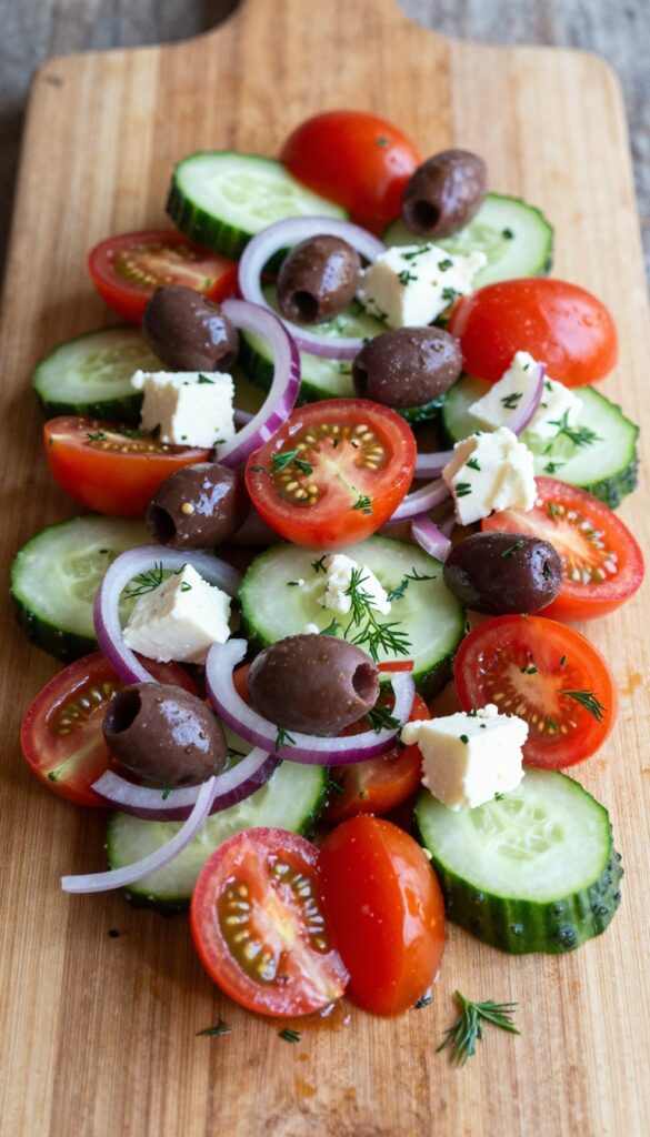 Greek-style cucumber salad with feta and olives on a wooden table