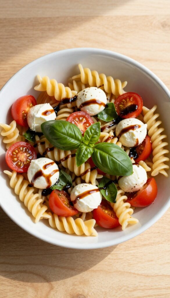 Caprese pasta salad with cherry tomatoes, mozzarella, basil, and balsamic glaze in a white bowl on a wooden table