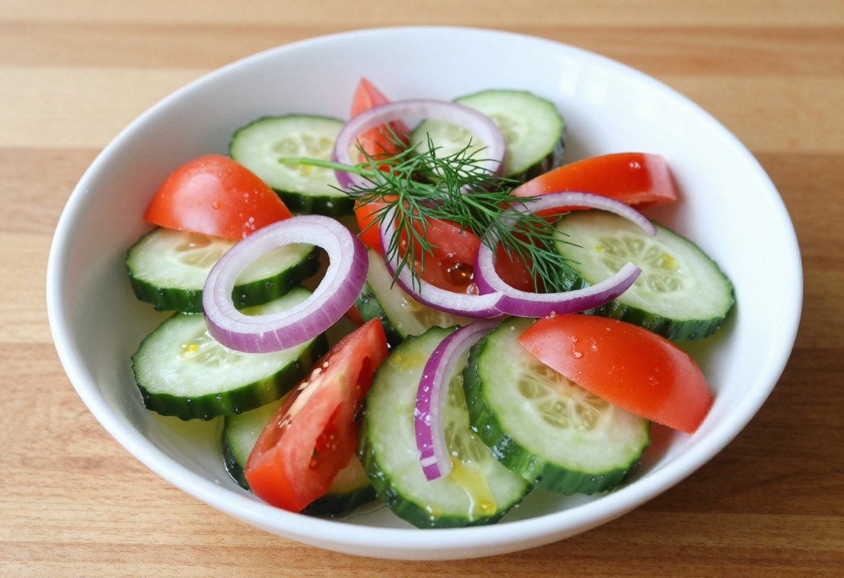 Fresh cucumber tomato salad with red onion and herbs in a white bowl