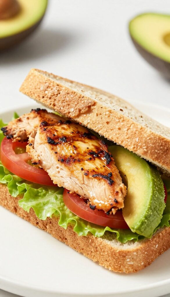 Loaded chicken avocado sandwich on whole grain bread with lettuce and tomato