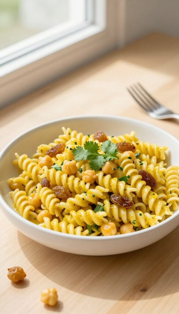 Creamy curry chickpea and raisin fusilli pasta salad in a white bowl on a wooden table.