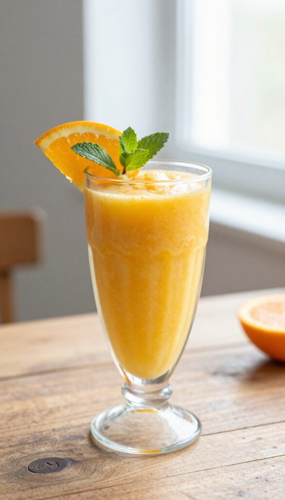 A tall glass of creamy citrus smoothie with orange slice and mint garnish on a rustic wooden table in natural light.