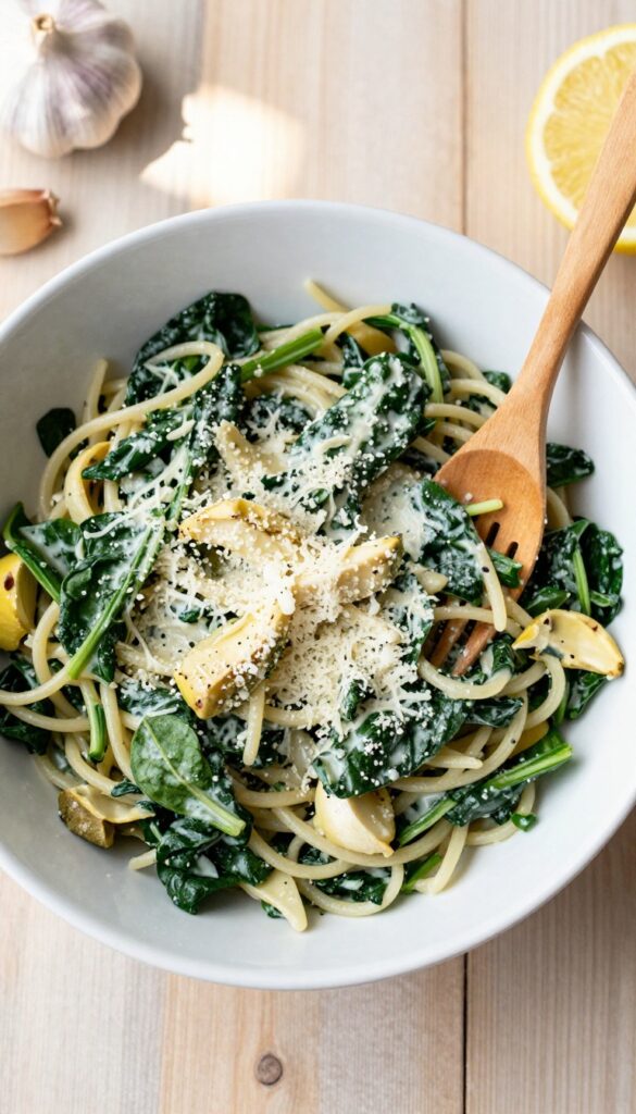 Spinach and artichoke pasta salad in a white bowl on a wooden table