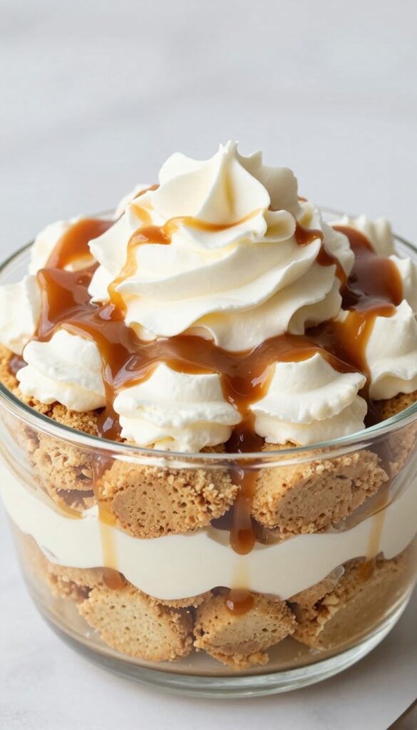 A layered dessert in a glass bowl with crushed biscuits, whipped cream, and caramel sauce, representing a caramel biscuit trifle recipe