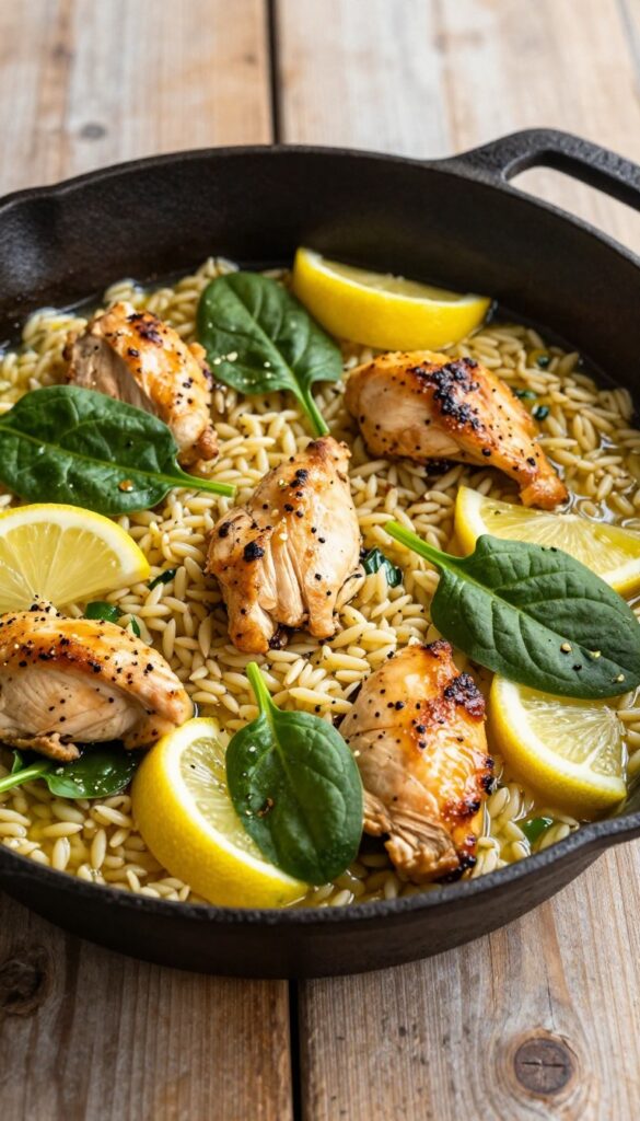 A close-up, photorealistic image of a lemon chicken orzo skillet in a cast-iron pan, featuring golden-brown chicken, orzo pasta, spinach, and lemon slices in bright natural light, with a clean composition suitable for a blog.