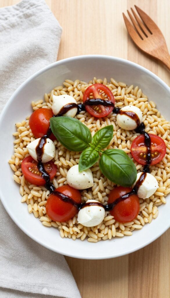 Caprese orzo salad with cherry tomatoes, mozzarella pearls, basil, and balsamic glaze in a white bowl.