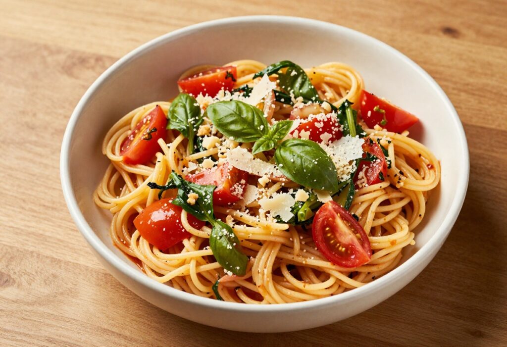 Bowl of spaghetti pasta salad with cherry tomatoes, cucumber, bell pepper, olives, and Parmesan cheese.