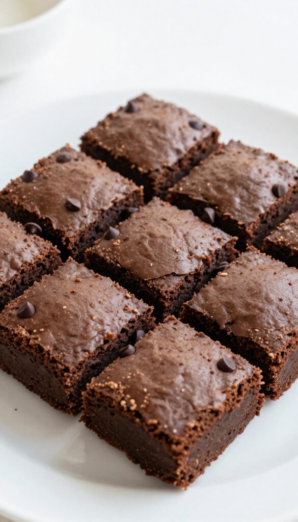 Coconut flour brownies on a white plate, showcasing their dense and fudgy texture with chocolate chips, in natural light.