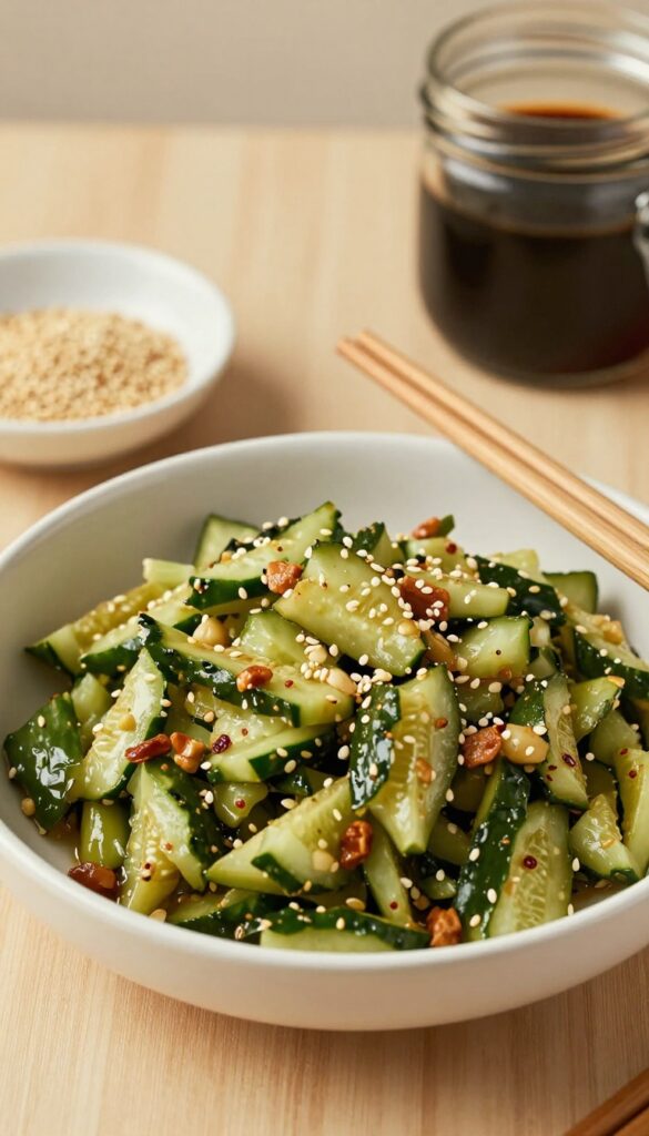 Asian smashed cucumber salad in a bowl with chopsticks, kitchen background.