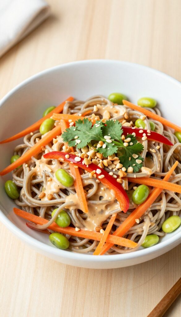 Thai Peanut Soba Noodle Salad in a bowl with colorful vegetables and peanut garnish.
