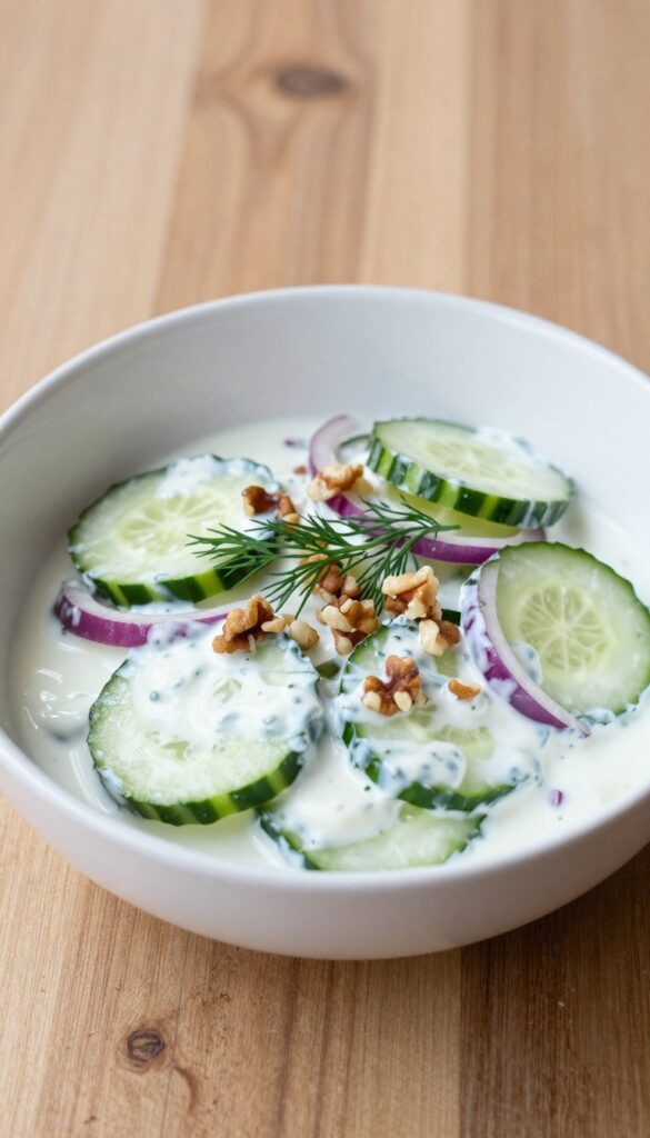 Creamy dill and yogurt cucumber salad with sliced cucumbers, red onion, and walnuts in a white bowl, garnished with fresh dill, in natural light.