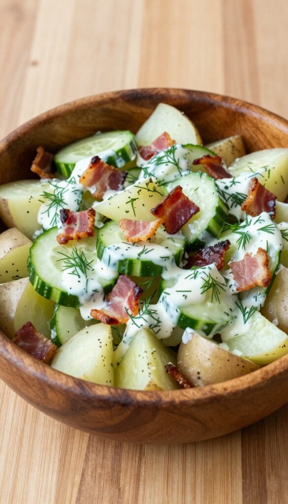 A photorealistic image of a hearty cucumber and potato salad with bacon bits in a rustic wooden bowl, featuring tender red potatoes, crisp cucumber slices, and crispy bacon in a creamy dressing with fresh dill, arranged neatly on a wooden table under bright natural light.